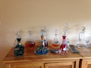 Filled Decanters With Pewter Labels 